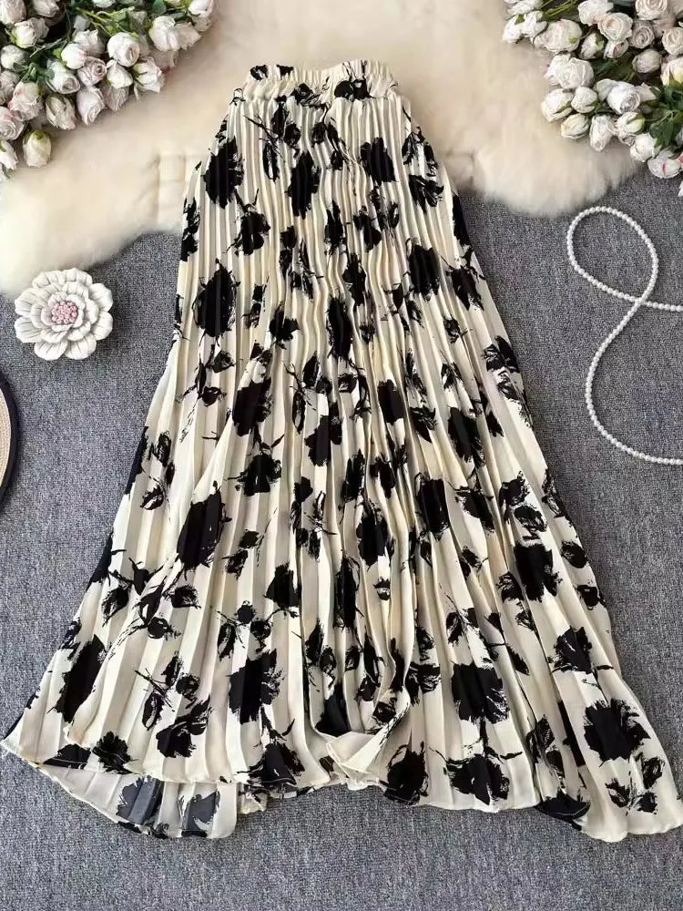 Chiffon Pleated Floral A-Line Skirt