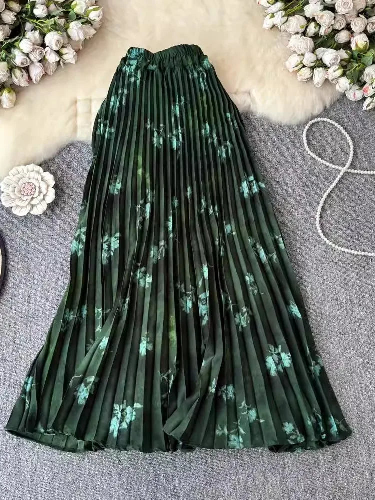 Chiffon Pleated Floral A-Line Skirt