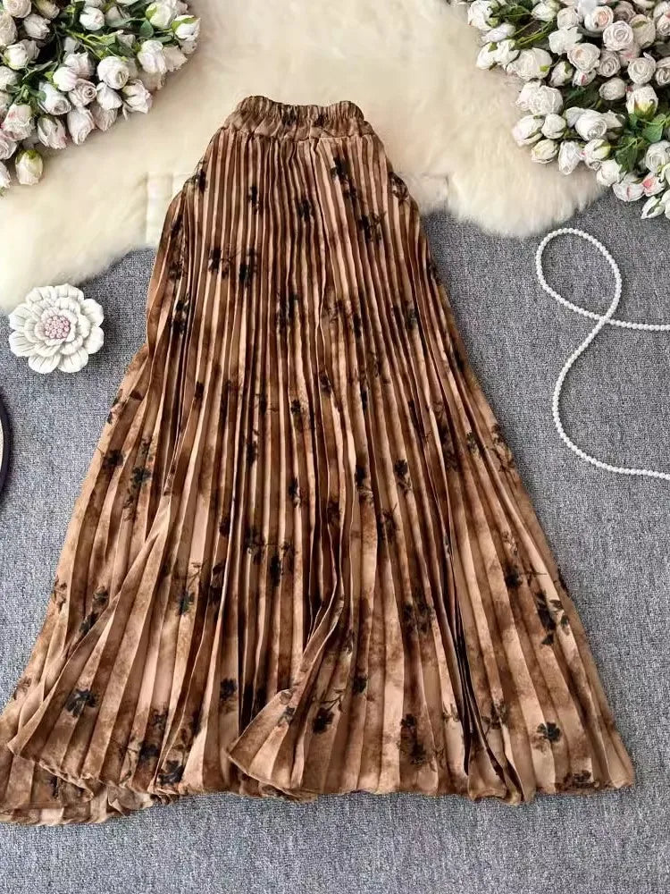 Chiffon Pleated Floral A-Line Skirt