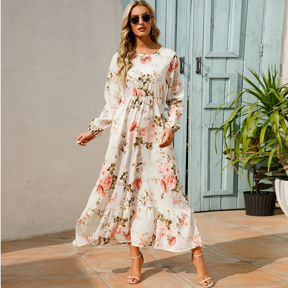 Women’s Boho Chiffon Maxi Dress – Floral & High Waist