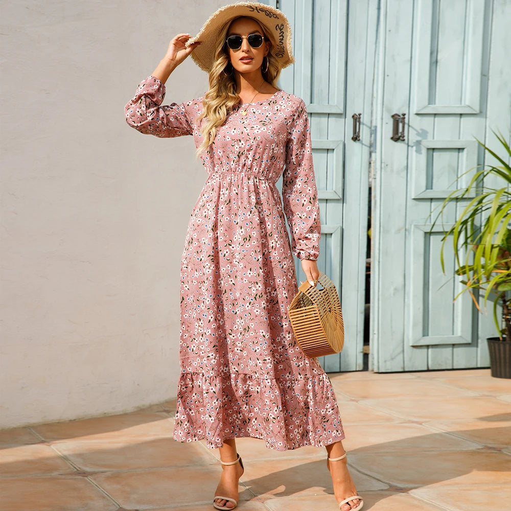 Women’s Boho Chiffon Maxi Dress – Floral & High Waist