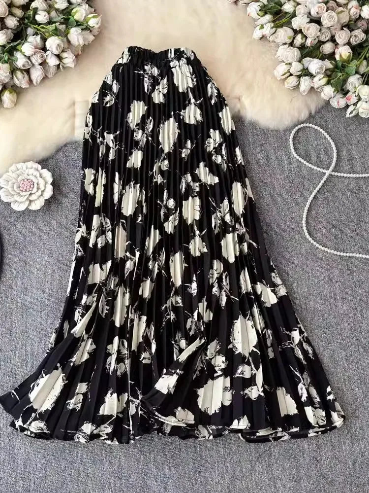 Chiffon Pleated Floral A-Line Skirt